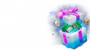 Изображение светящейся подарочной коробки, из которой вылетают деньги и монеты, рекламирующее бонус на день рождения от Леон в ярких цветах и праздничной атмосфере.
